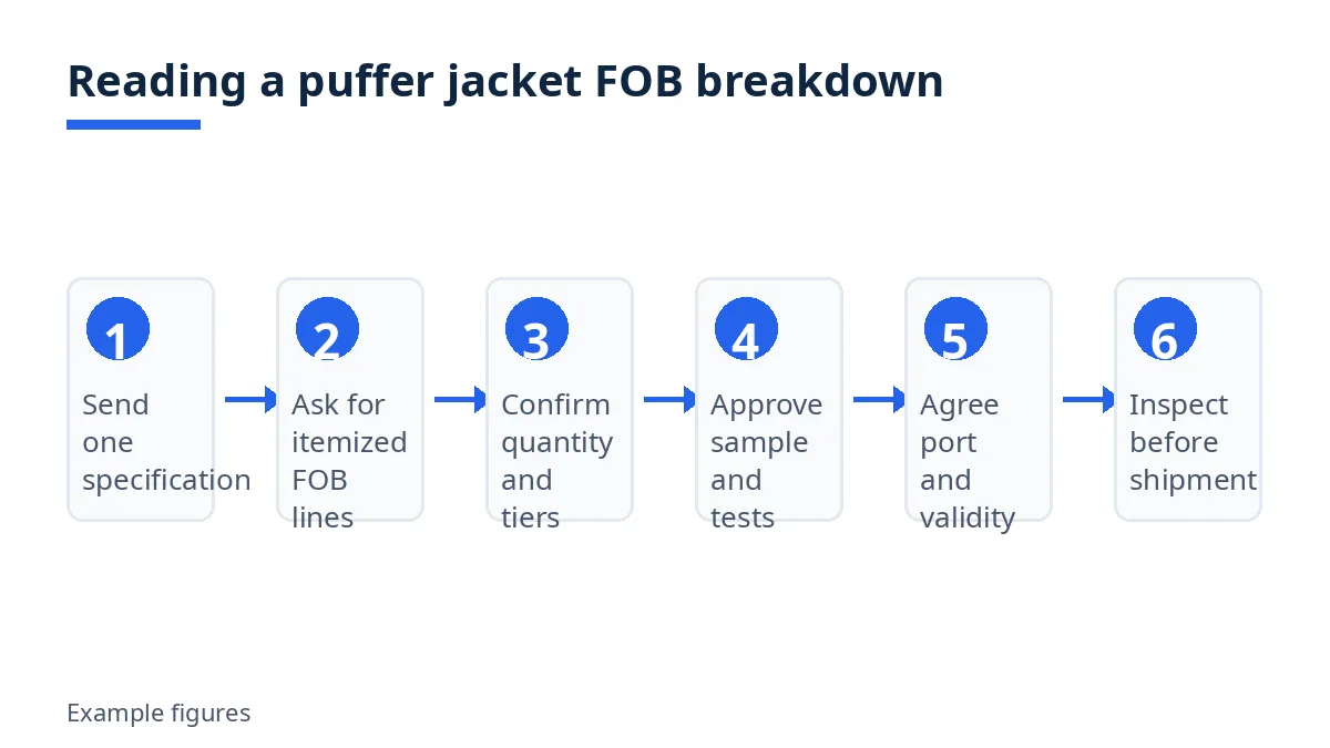 Diagram: six steps to read a puffer jacket FOB breakdown, from specification to inspection