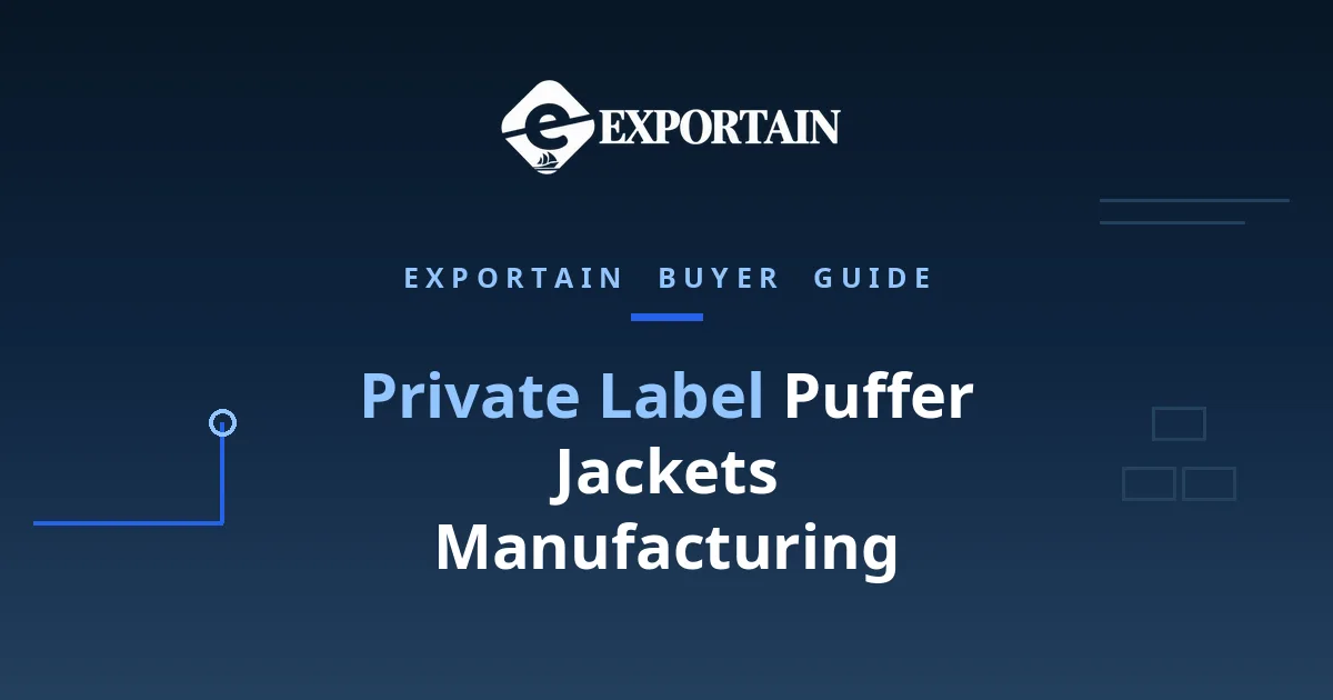 Navy title card: Private Label Puffer Jackets Manufacturing, a brand owner's guide