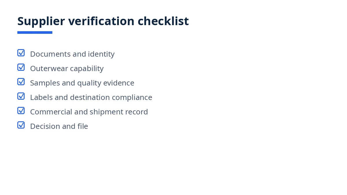 Diagram of the six-block supplier verification checklist, from documents to decision