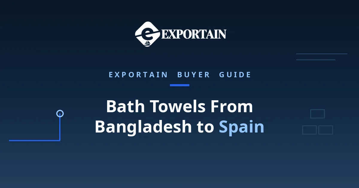 Navy title card: Bath Towels From Bangladesh to Spain, with Spain highlighted