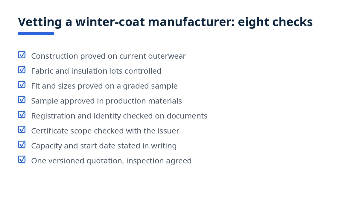 Diagram: eight checks for vetting a winter-coat manufacturer, from construction to commercial terms