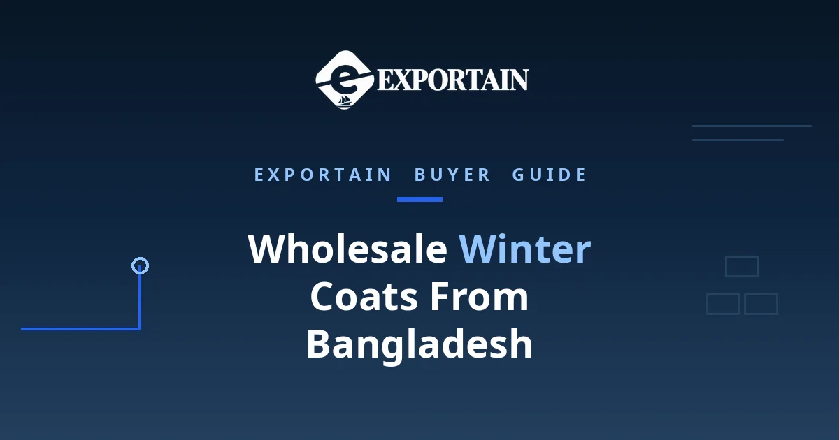 Navy title card: Wholesale Winter Coats From Bangladesh, buyer guide