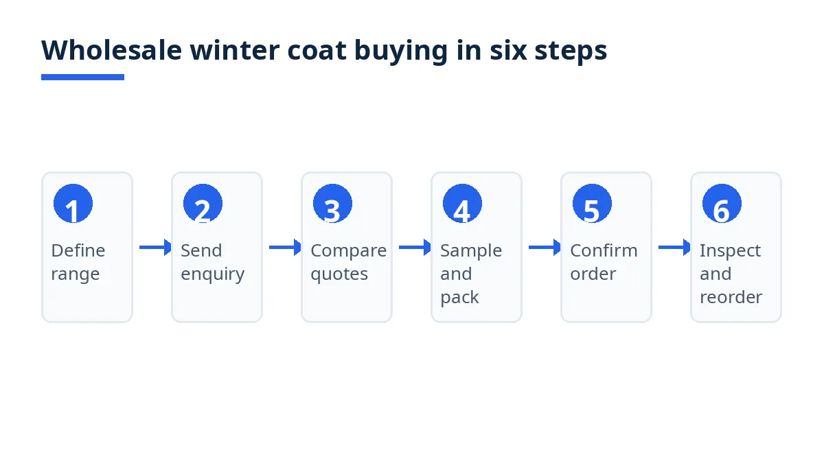 Diagram: wholesale winter coat buying in six steps, from range to reorder