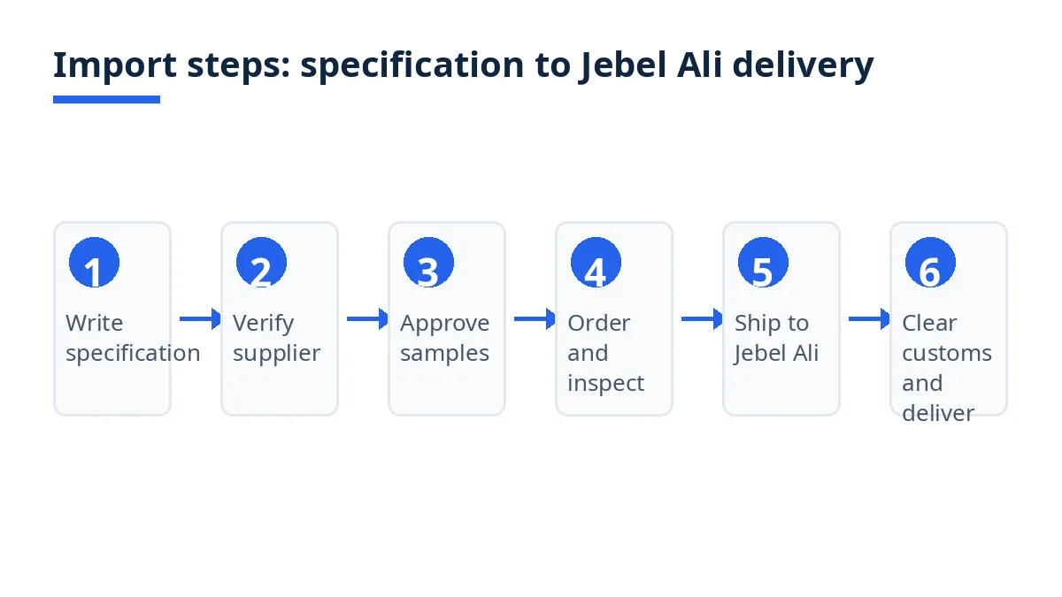Diagram of the bath towel import steps from specification to Jebel Ali delivery