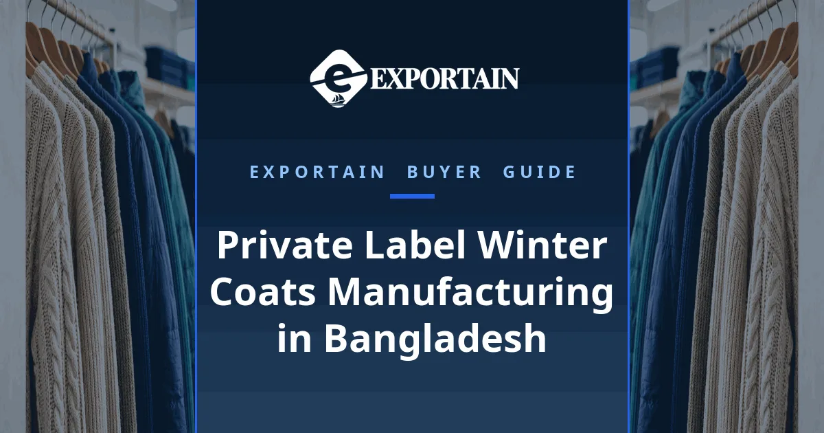 Private Label Winter Coats Manufacturing in Bangladesh - rows of padded jackets on hangers in a bright factory showroom