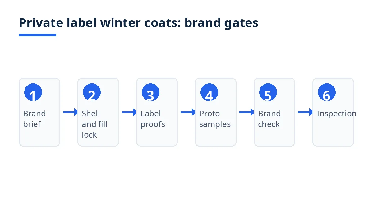 Diagram: six brand gates for private label winter coats, from brand brief to inspection