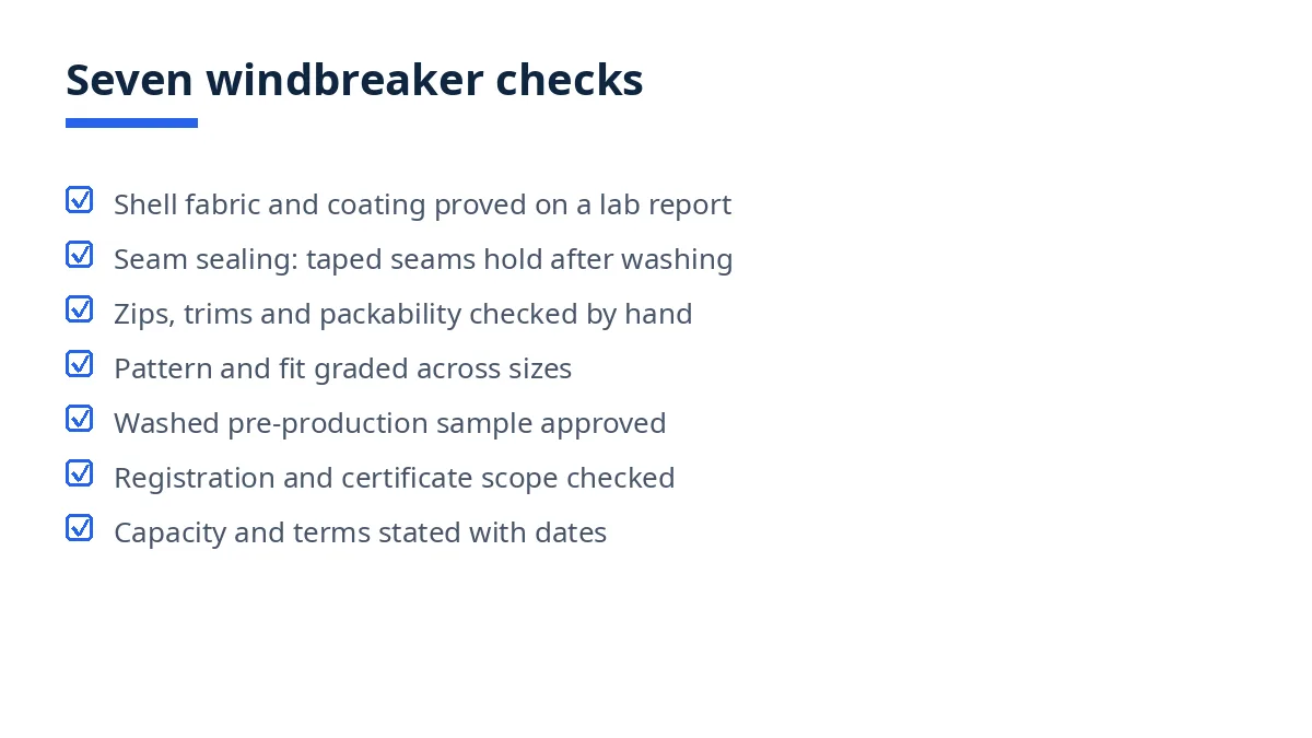 Diagram: seven checks for finding a windbreaker manufacturer, from shell fabric to commercial terms