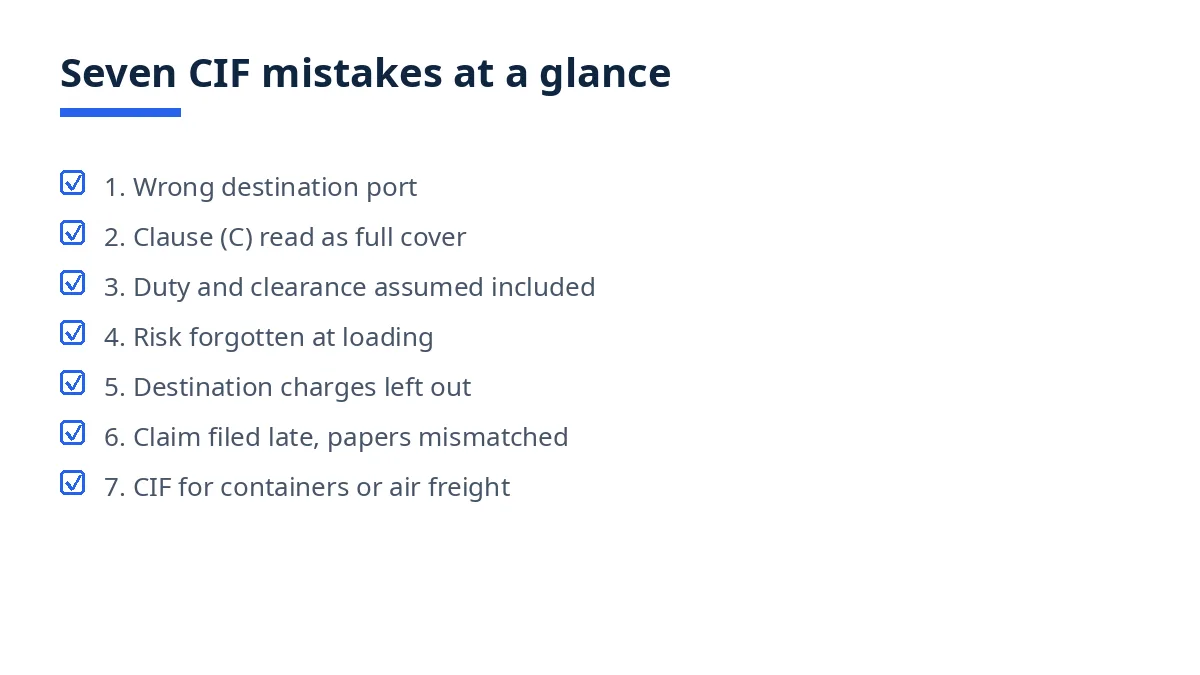 Diagram: the seven CIF mistakes, from the named destination port to using CIF for containers or air freight