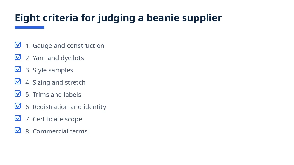 Diagram: eight criteria for judging a knitted beanie supplier, from gauge to commercial terms