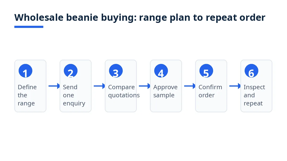 Diagram: wholesale knitted beanie buying in six steps, from range plan to repeat order