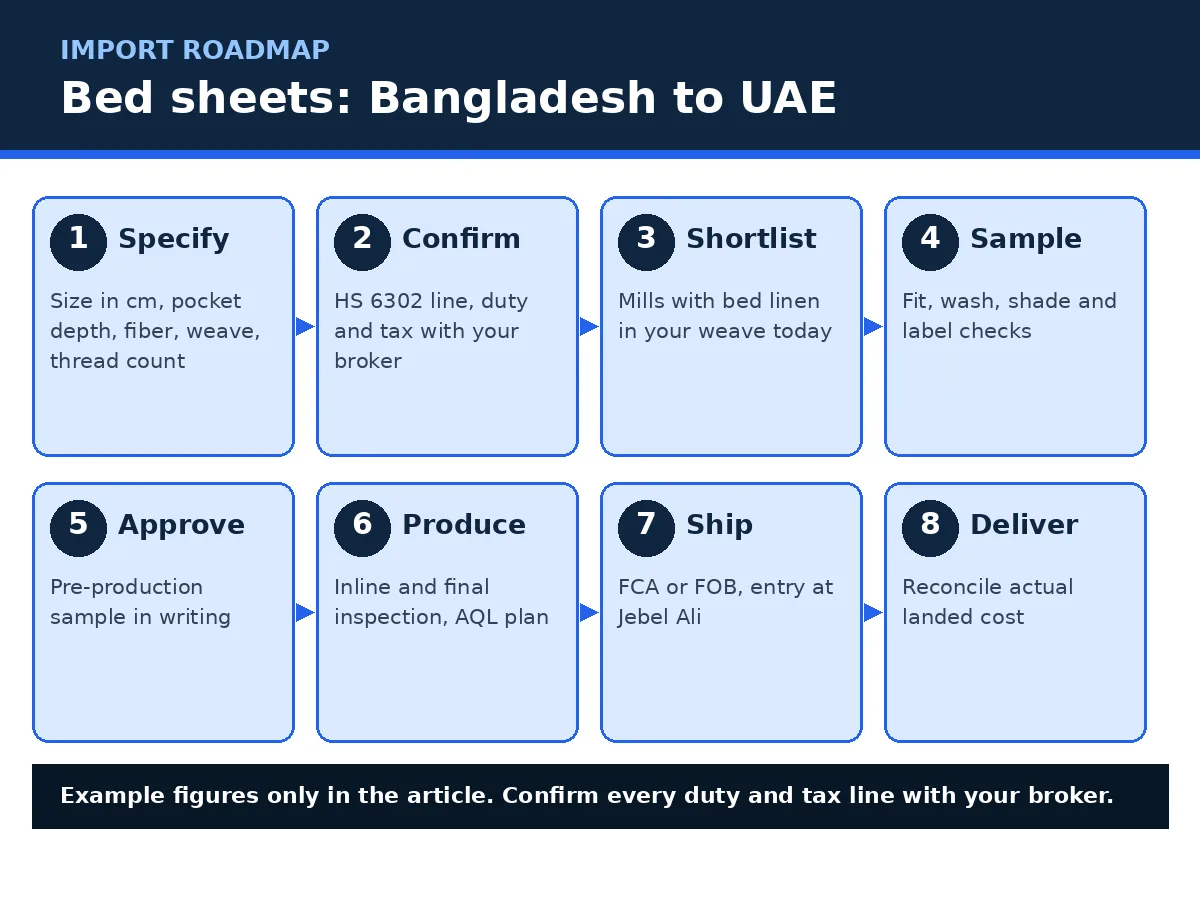 Diagram of the bed sheet import route from Bangladesh to UAE, in eight steps from specification to delivery