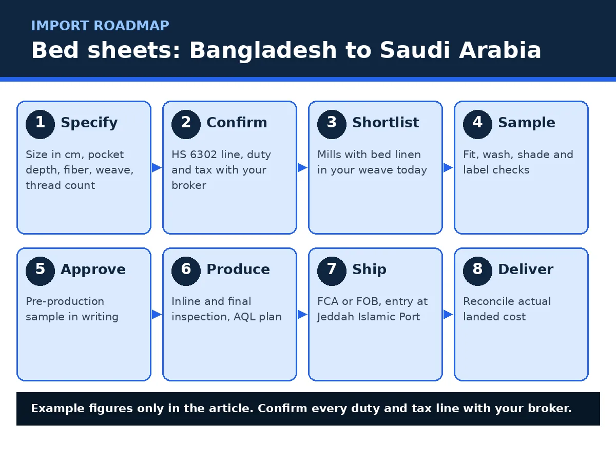 Diagram of the bed sheet import route from Bangladesh to Saudi Arabia, in eight steps from specification to delivery