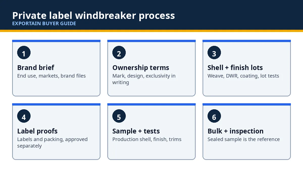 Diagram: six private label stages, from brand brief to shipment