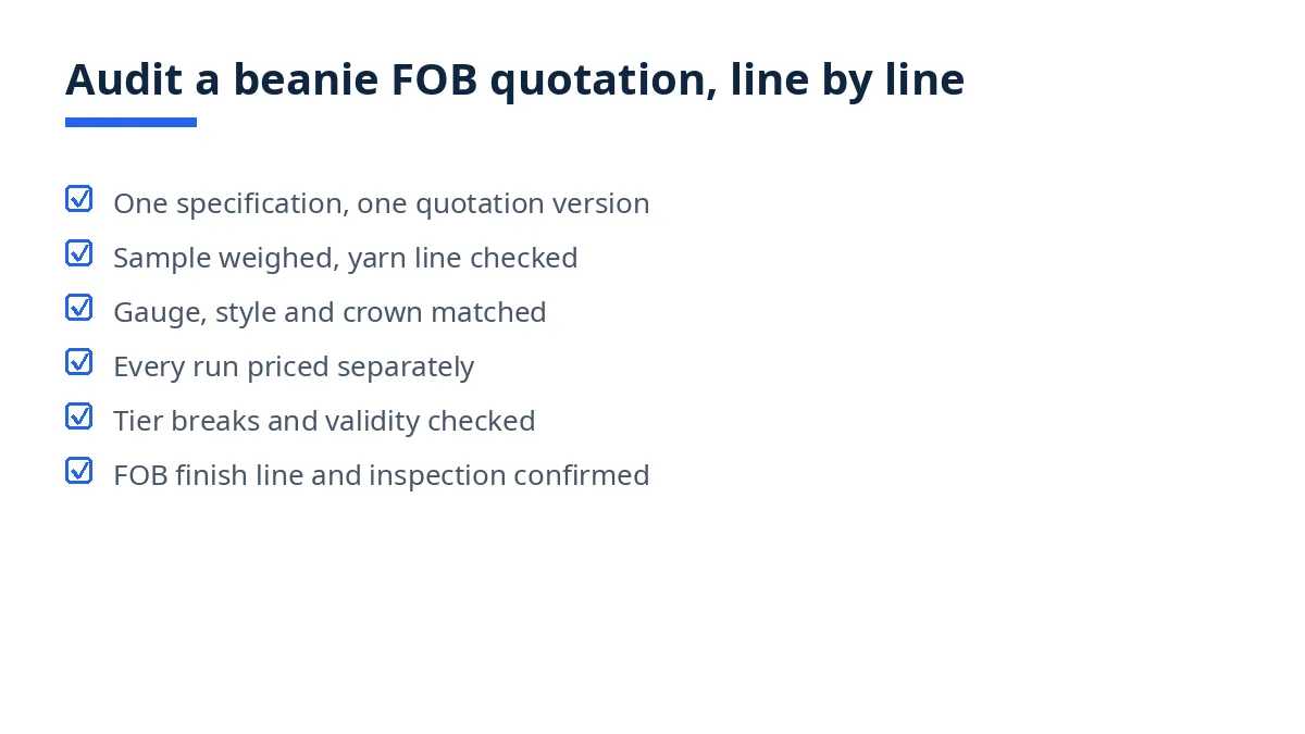Diagram: checklist to audit a beanie FOB quotation, from specification to inspection