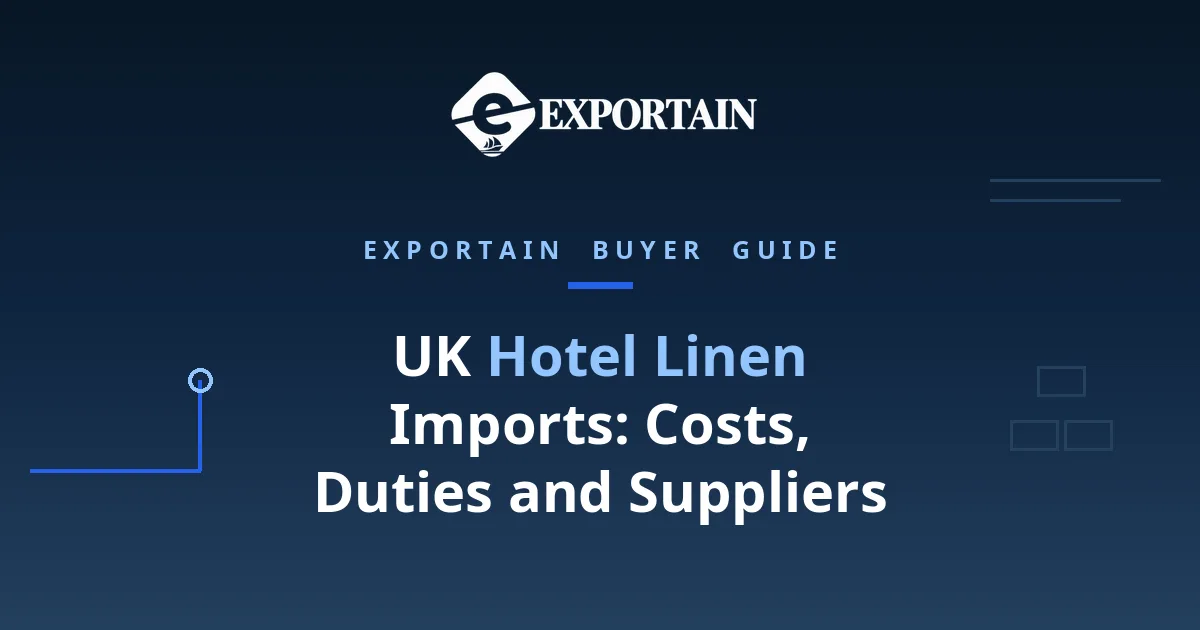 Navy title card: UK Hotel Linen Imports, with Hotel Linen highlighted