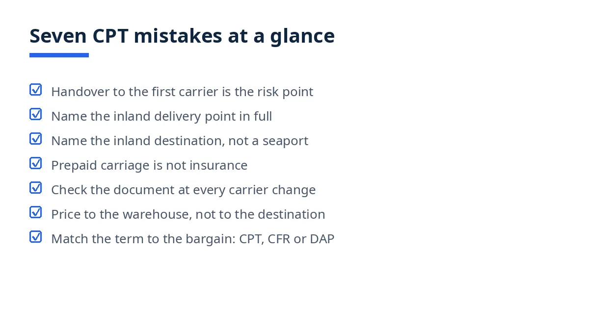 Diagram: seven CPT mistakes at a glance, from first-carrier handover to choosing the wrong term