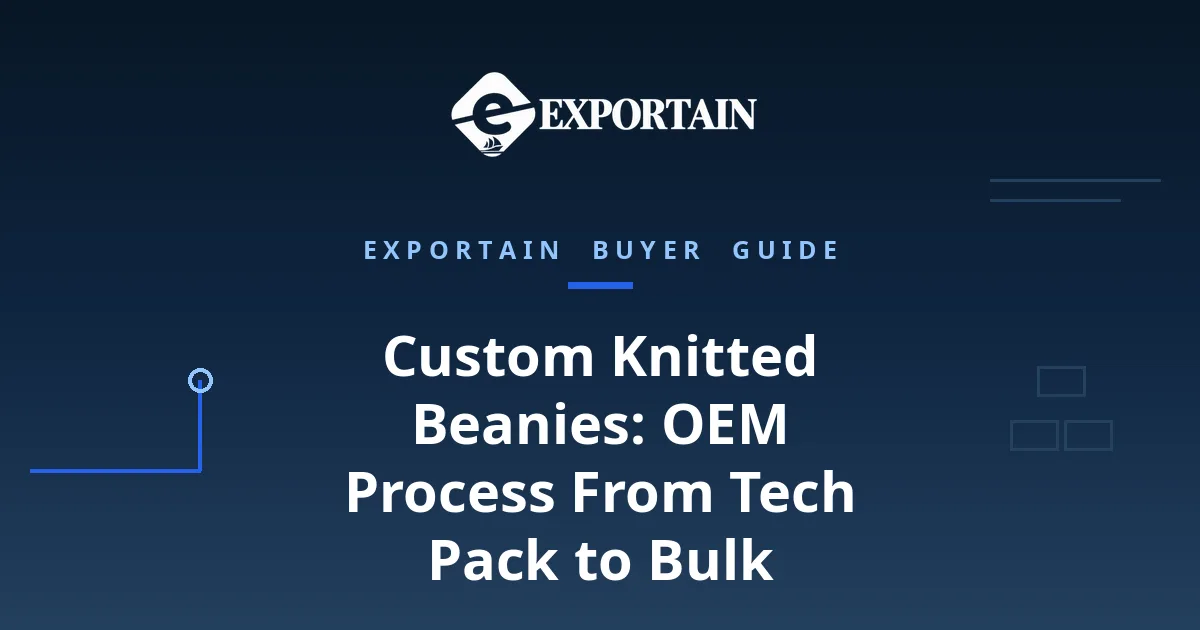 Navy title card: Custom Knitted Beanies OEM Process, with OEM Process highlighted