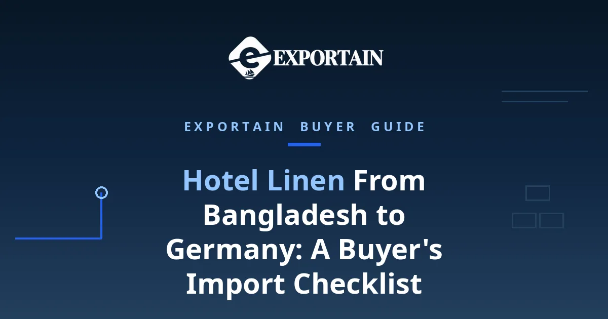 Navy title card: Germany Hotel Linen Imports, with Hotel Linen highlighted