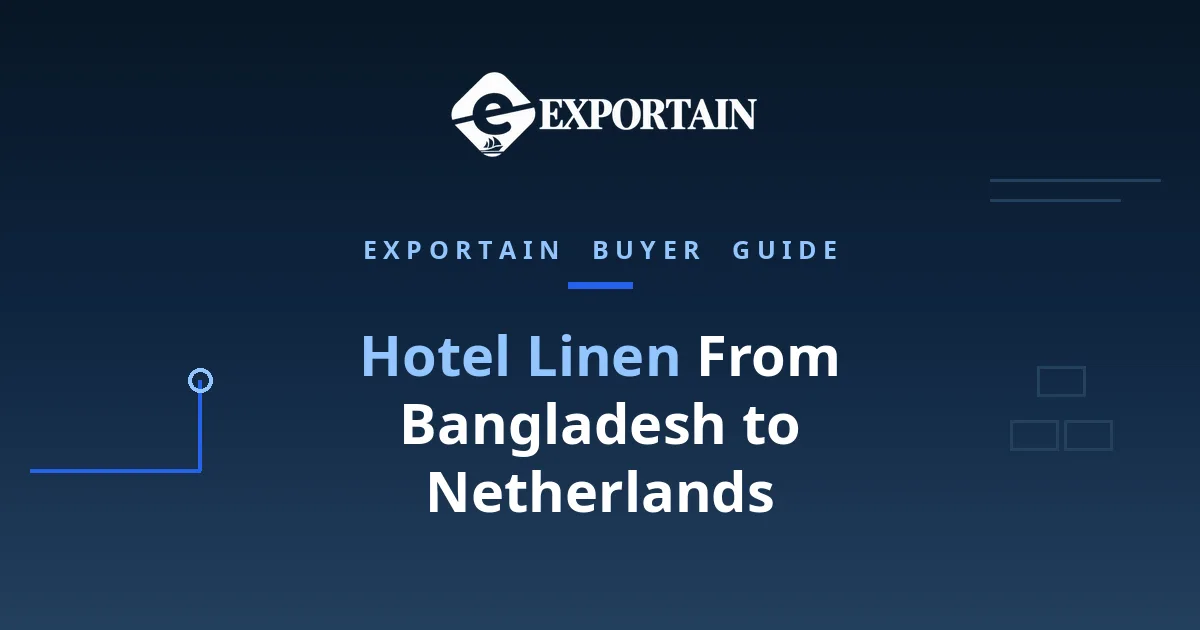 Navy title card: Netherlands Hotel Linen Imports, with Hotel Linen highlighted