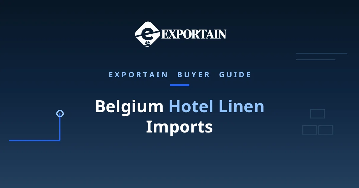 Navy title card: Belgium Hotel Linen Imports, with Hotel Linen highlighted