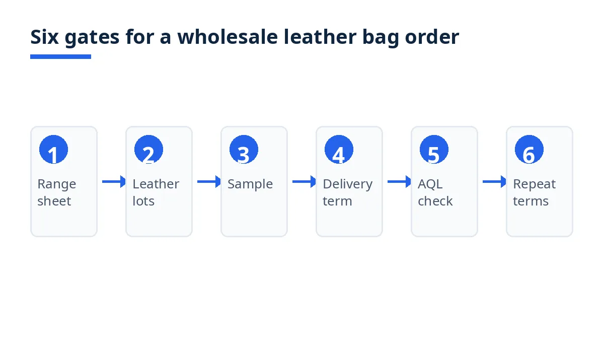 Diagram of six gates for a wholesale leather bag order, from range sheet to repeat terms