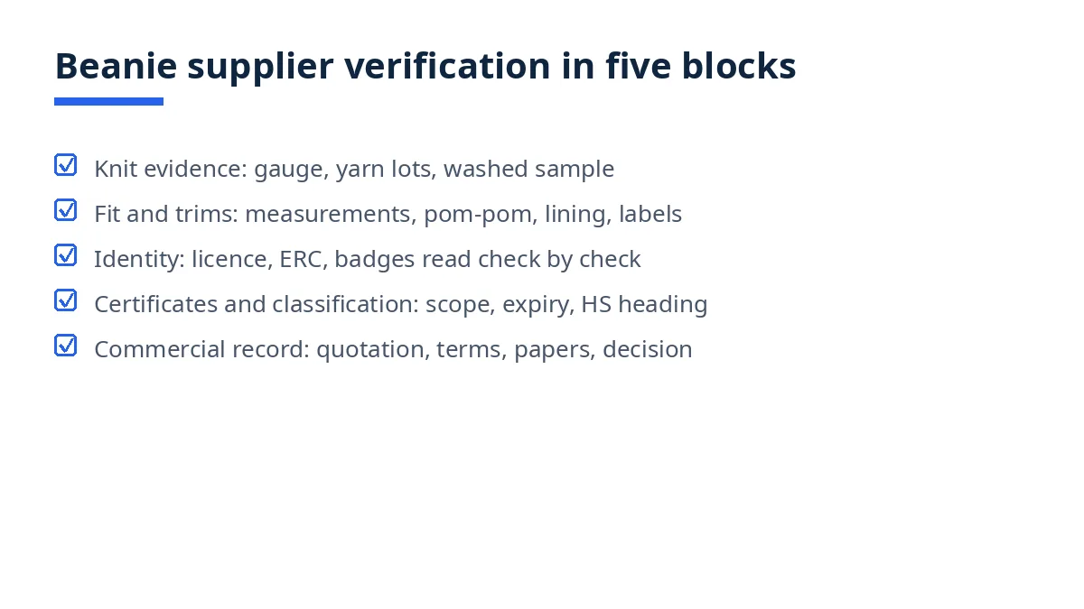 Diagram of the five-block beanie supplier verification checklist, from knit evidence to decision