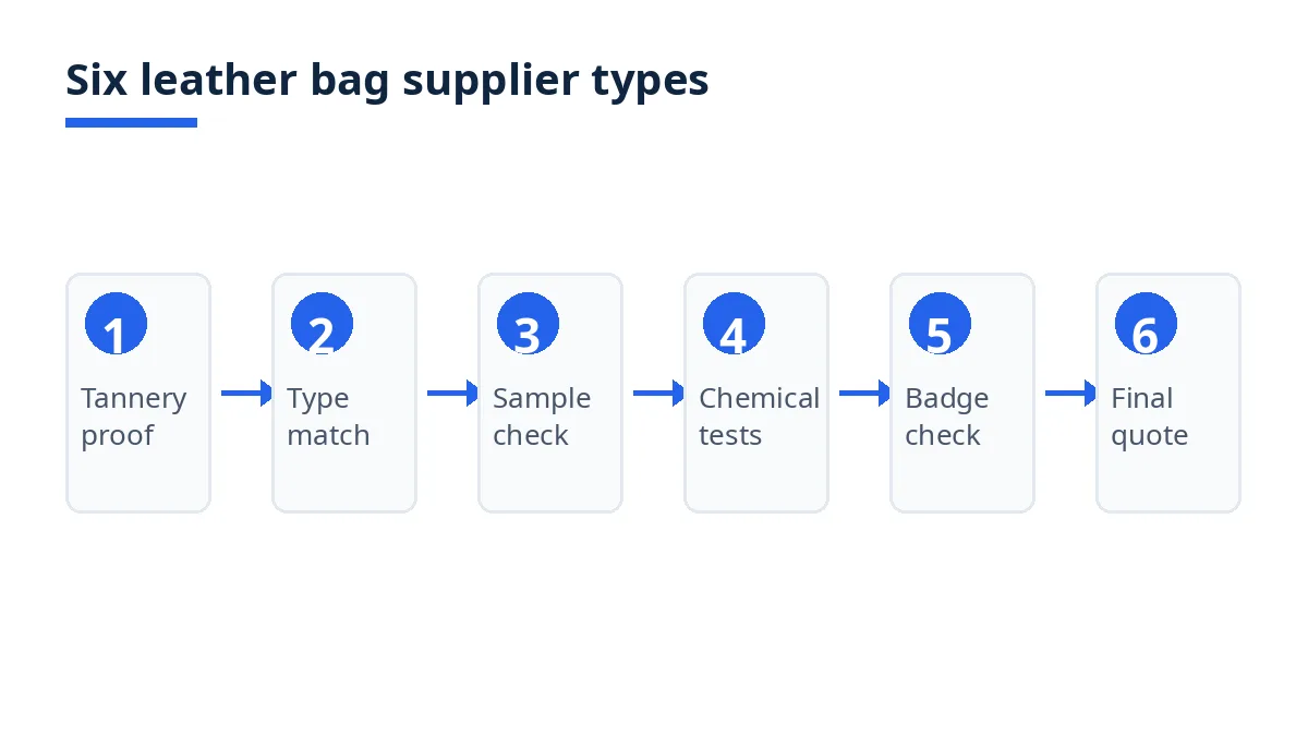 Diagram: six supplier types for leather bags in Bangladesh, from tannery evidence to quotation