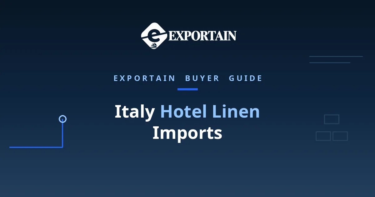Navy title card: Italy Hotel Linen Imports, with Hotel Linen highlighted