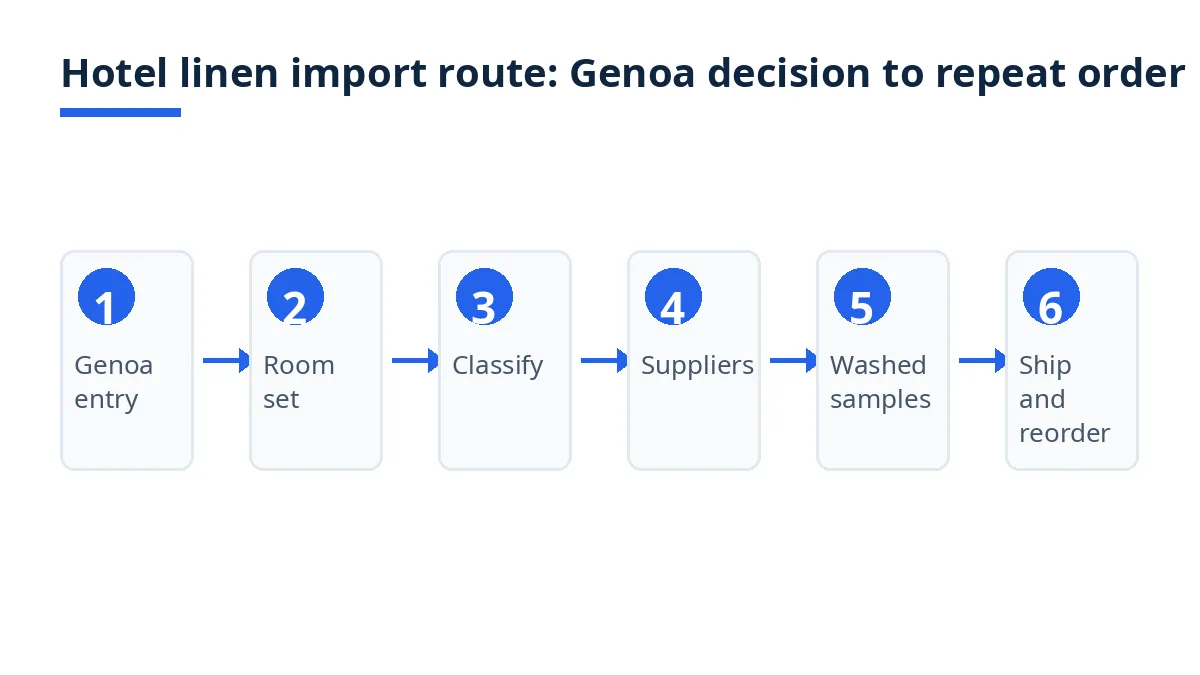 Diagram of the hotel linen import route from Genoa decision to repeat order, in six steps