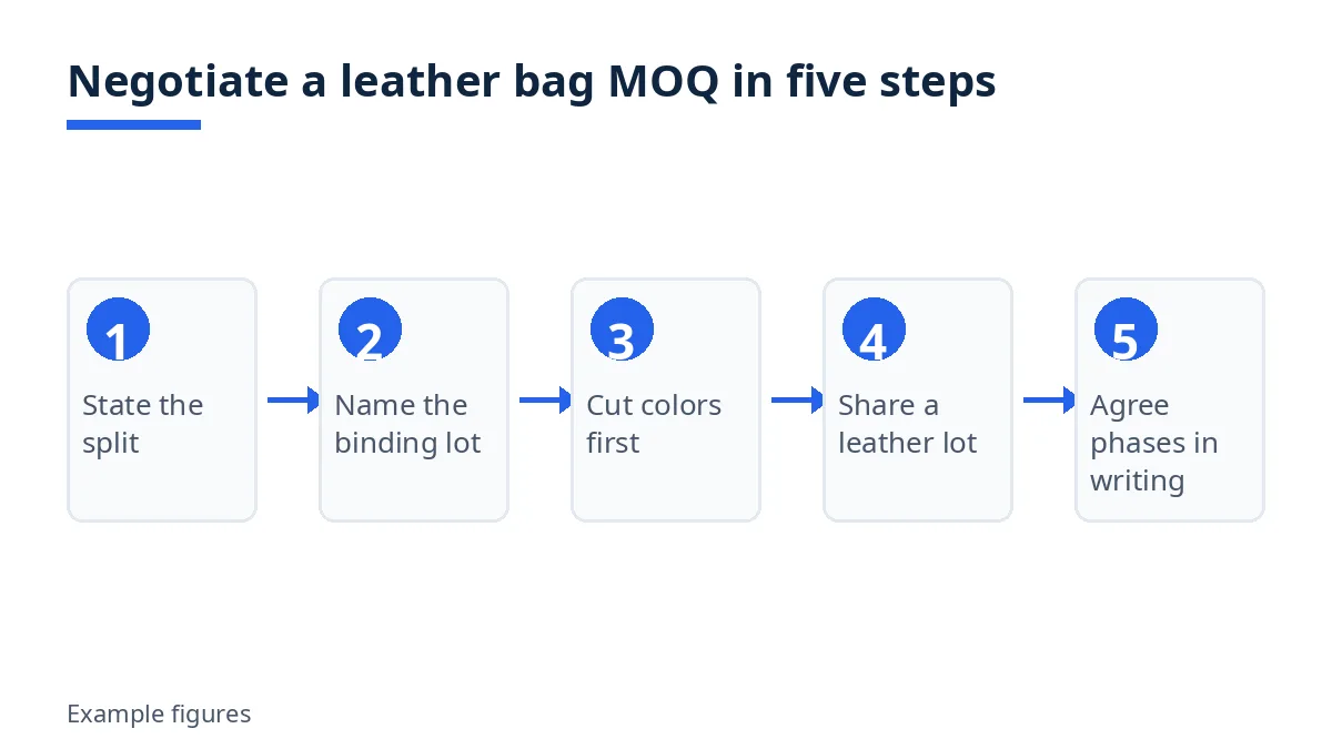 Diagram: five steps to negotiate a leather bag MOQ, from split to phases in writing