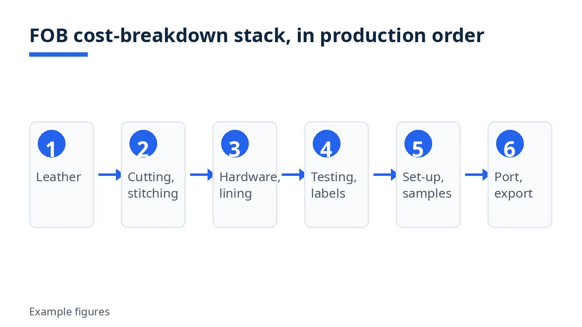 Diagram: FOB cost-breakdown stack for leather bags, six lines in production order