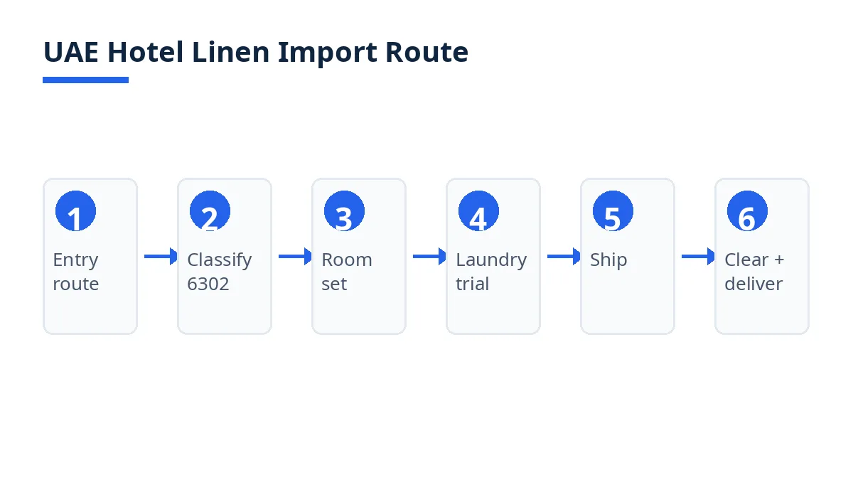 UAE hotel linen import route diagram in six stages from entry route to clearance
