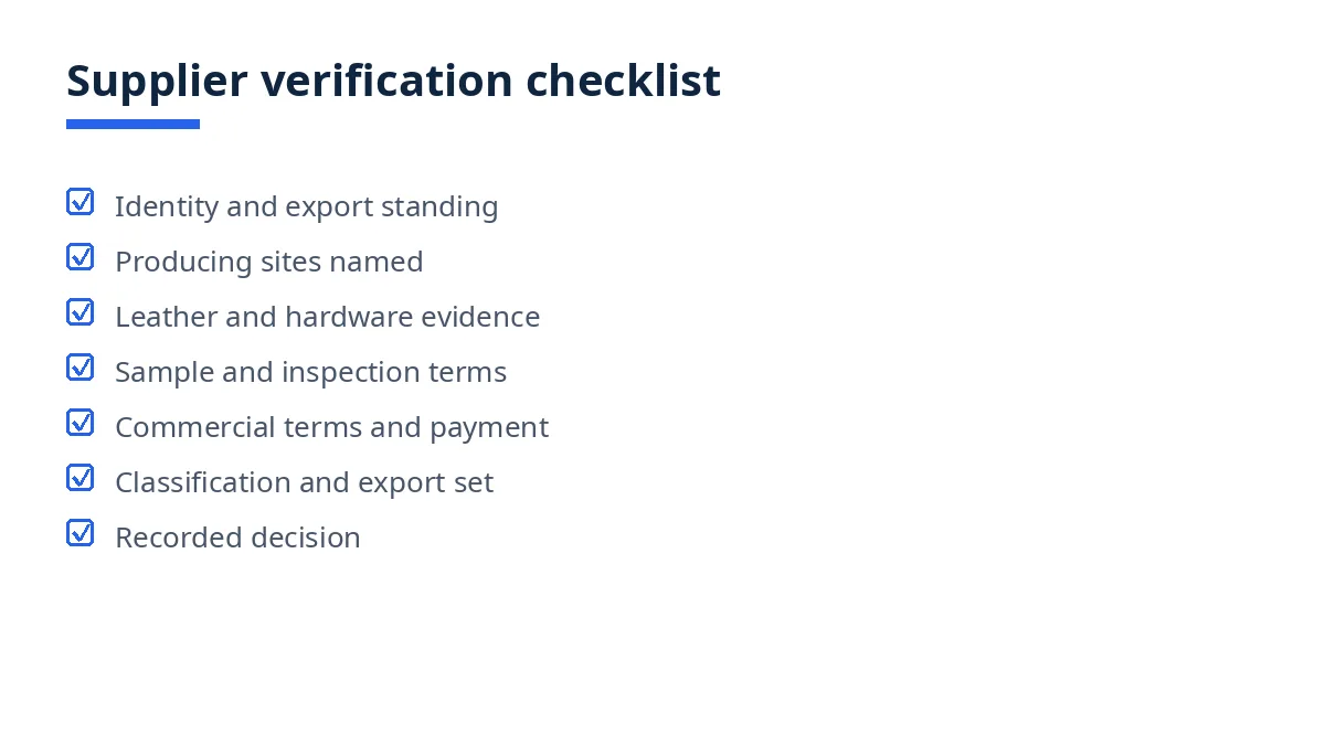 Diagram of the seven-block supplier verification checklist, from identity to the recorded decision