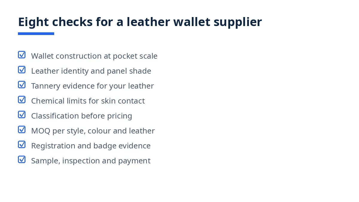 Diagram: eight checks for leather wallet suppliers in Bangladesh, from construction to sampling