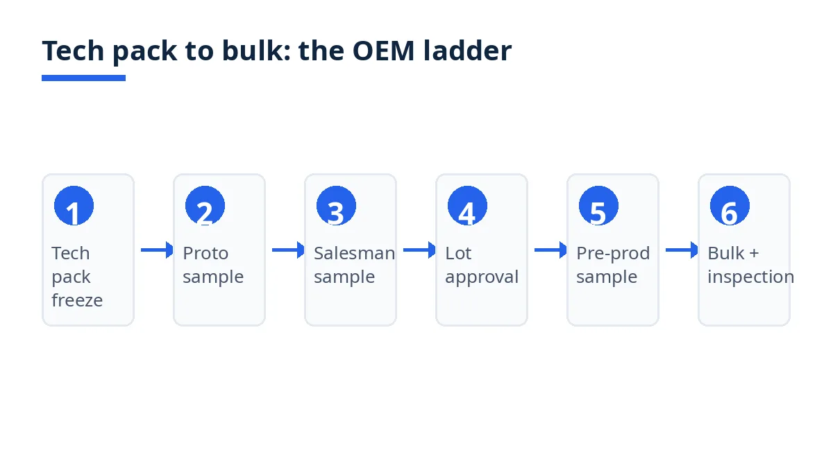 Diagram: six-stage OEM ladder for leather bags, from tech pack to bulk inspection