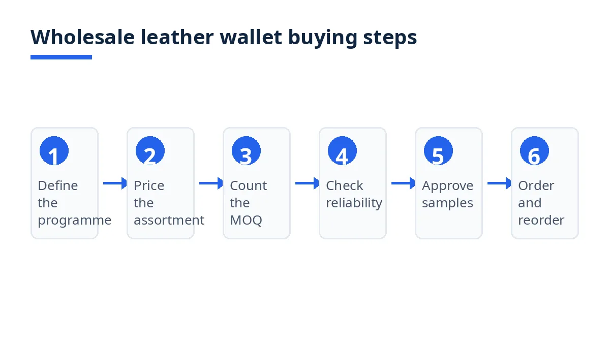 Wholesale leather wallet buying steps in six stages from programme to reorder