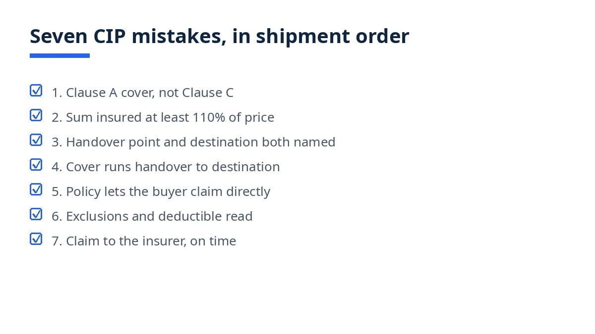 Seven CIP mistakes in shipment order, from the insurance clause to the claim