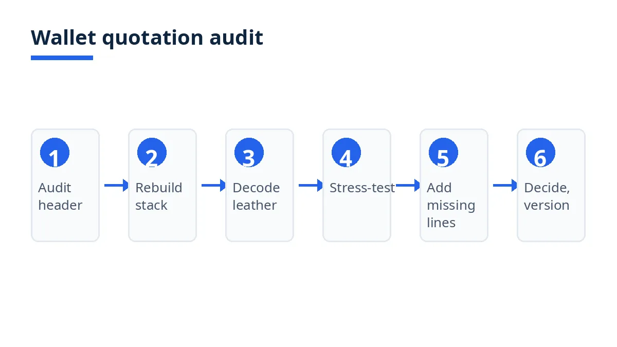 Six-step wallet quotation audit, from header check to versioned decision