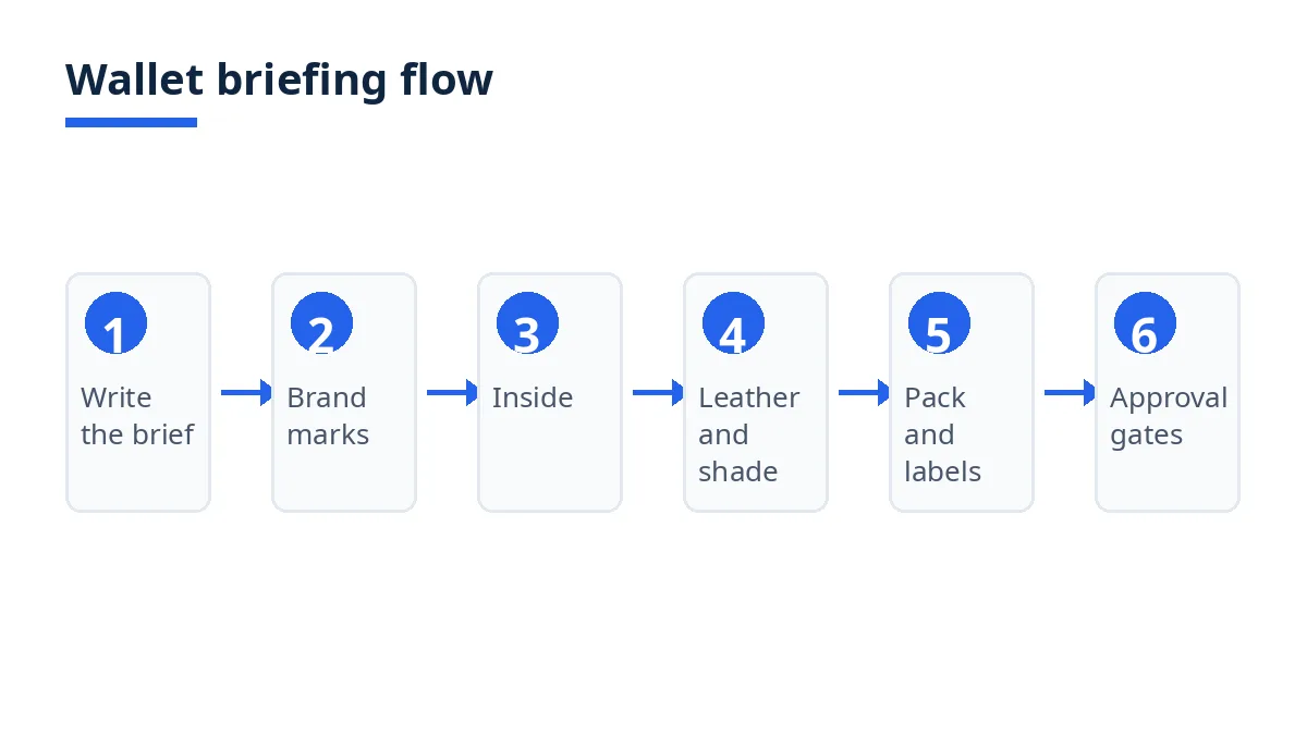 Diagram: six steps of the wallet briefing flow, from brief to approval gates