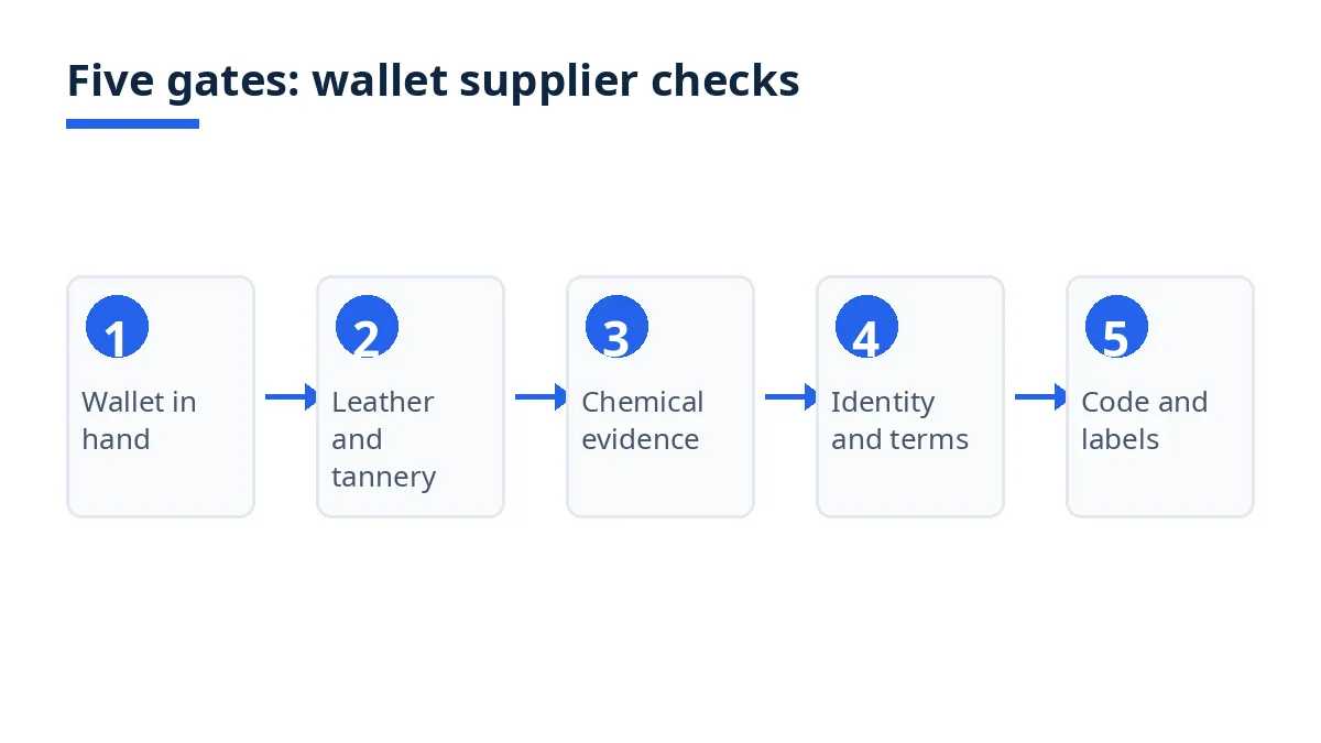Diagram of the five gates for leather wallet supplier checks, from wallet function to shipment file