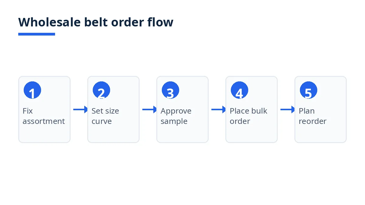 Wholesale belt order flow diagram: assortment, size curve, sample, bulk order, reorder