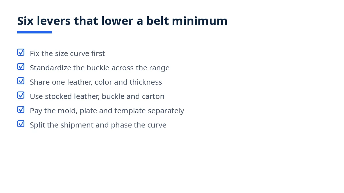 Diagram: six levers that lower a belt minimum, from fixing the size curve to phasing the curve