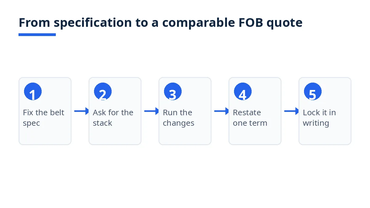 Diagram: five steps from belt specification to a comparable FOB quote