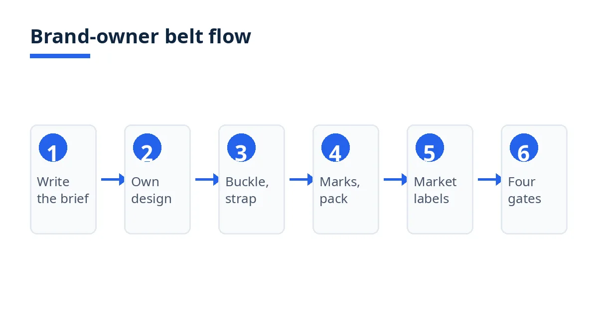 Diagram: six steps of the brand-owner belt flow, from brief to four gates