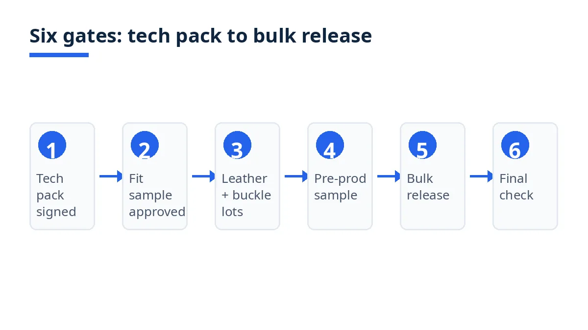 Six-gate OEM diagram for custom leather belts, from tech pack to bulk release