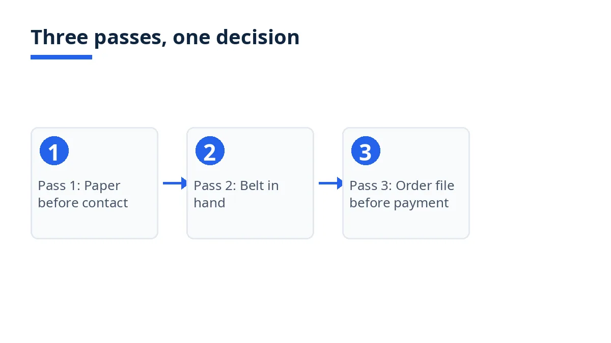 Diagram of the three passes for leather belt supplier checks: paper, belt in hand, order file