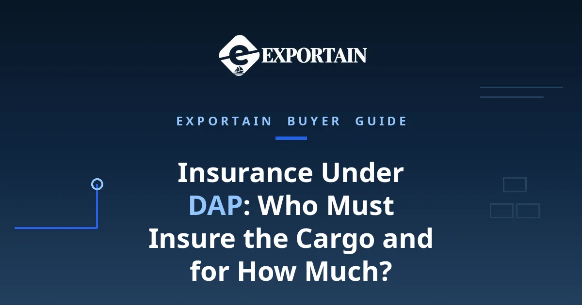 Navy title card: Insurance Under DAP, who must insure the cargo, with the Exportain logo