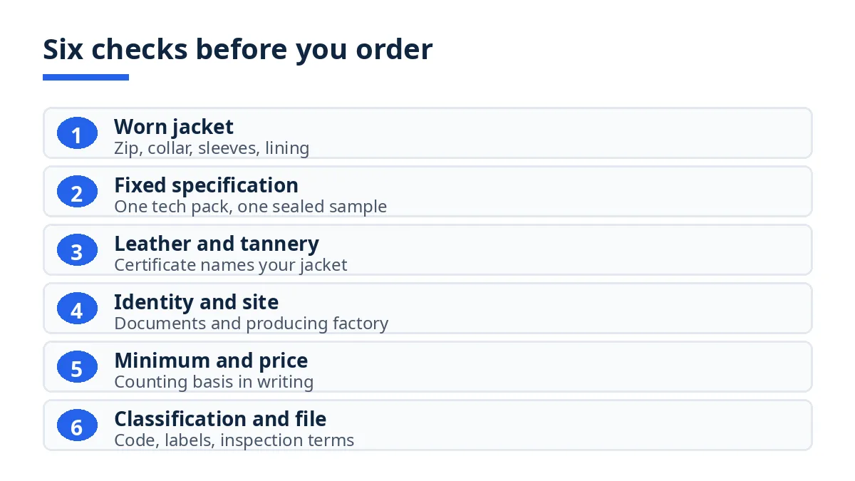Diagram of the six checks for leather jacket suppliers, from worn jacket to classification