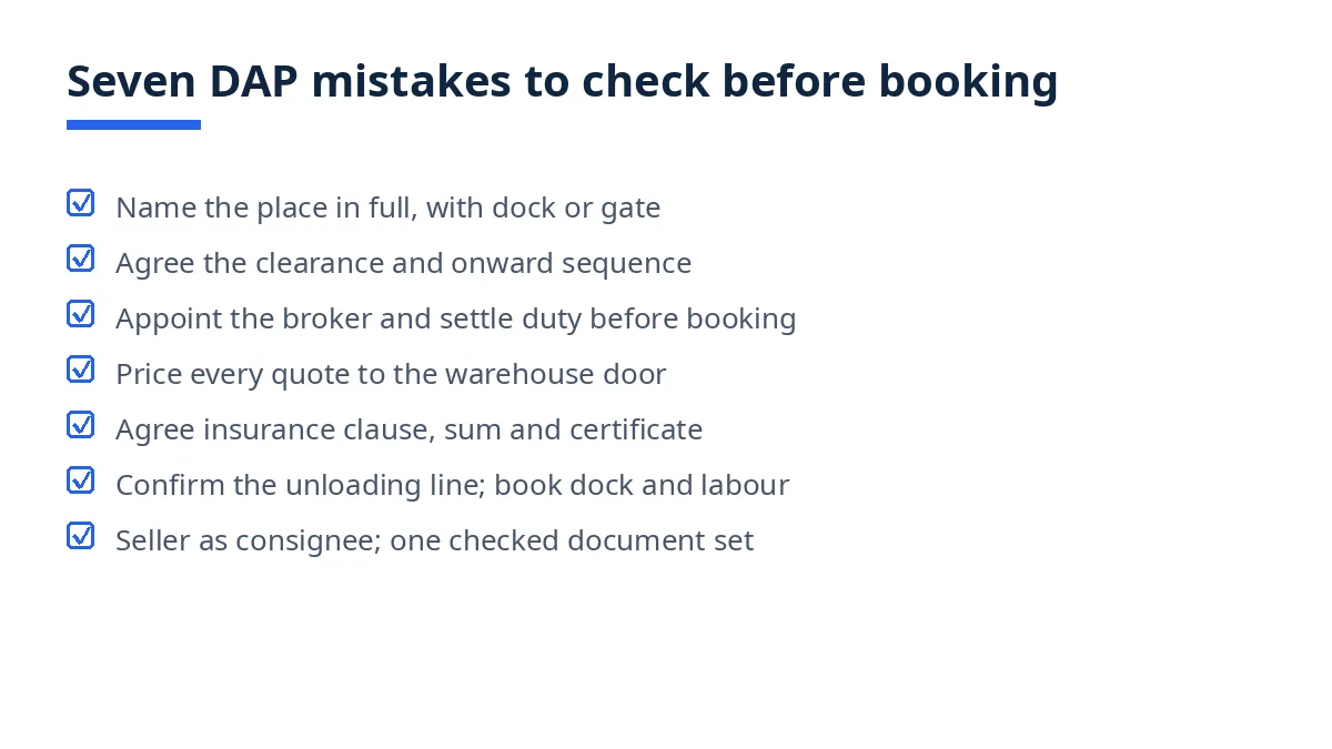 Diagram: seven DAP mistakes to check before booking, from the named place to the documents