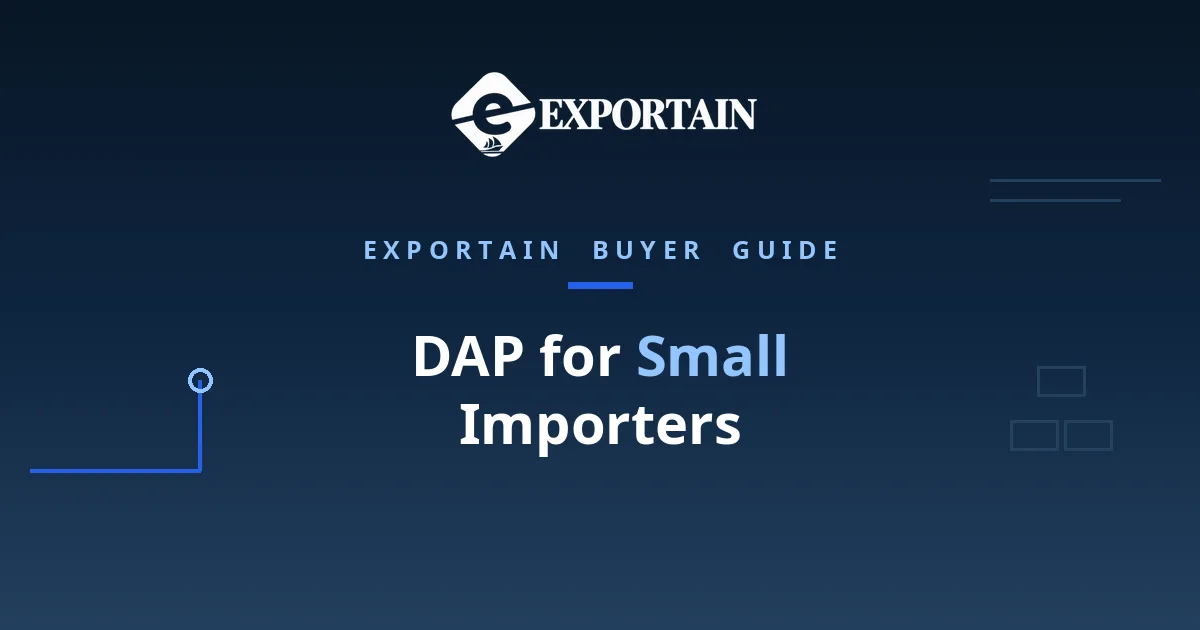 Navy title card: DAP for Small Importers, with Exportain logo